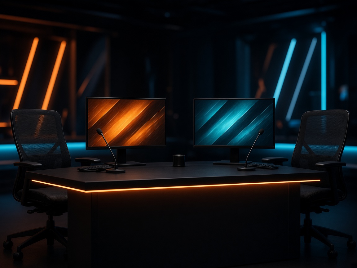 Empty esports broadcast desk with microphones and dual monitors