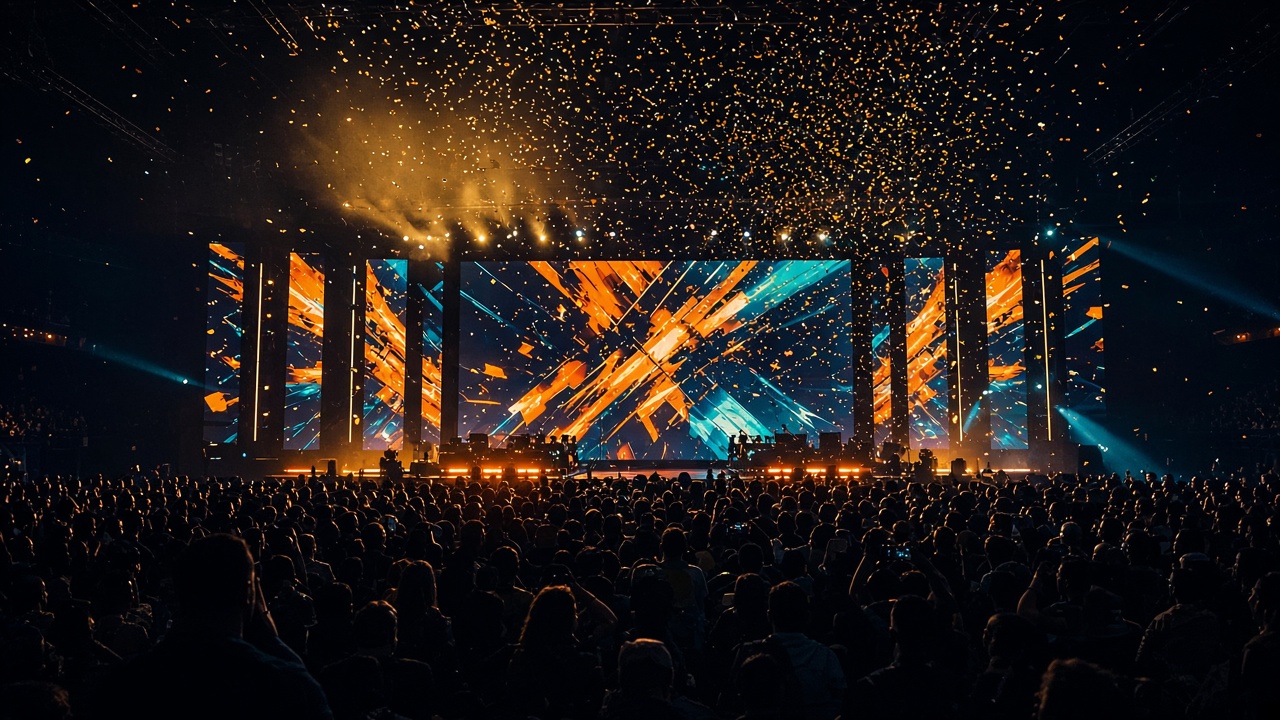 Arena crowd facing a bright stage during an esports final