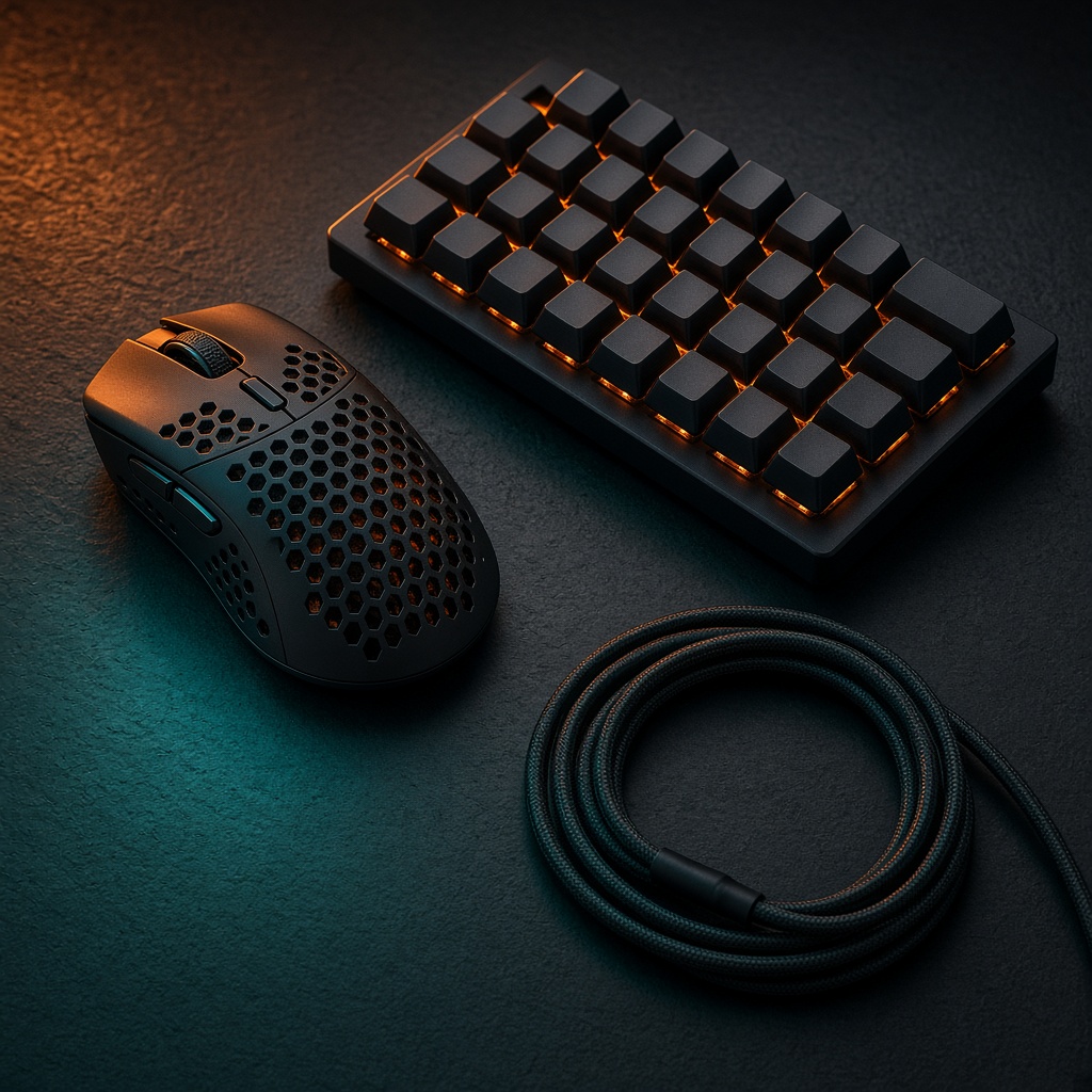Gaming mouse and keyboard detail on a dark surface