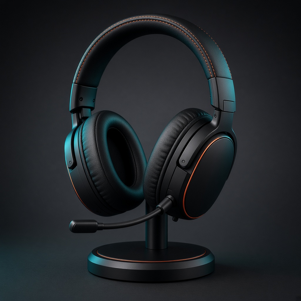 Matte black over-ear headset on a stand