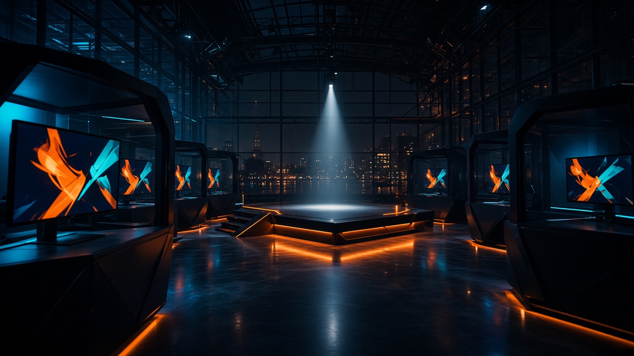 Dark championship stage with orange floor light and player pods beside a waterfront at night
