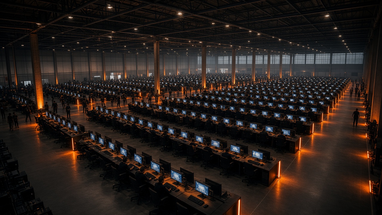 Long rows of tournament PCs under orange aisle lights