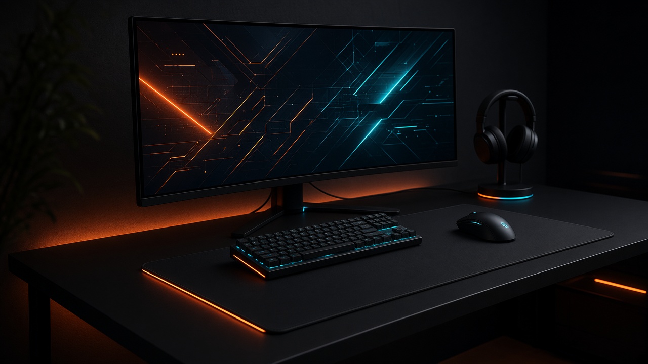 Competitive desk with an ultrawide monitor, headset, and orange rim light