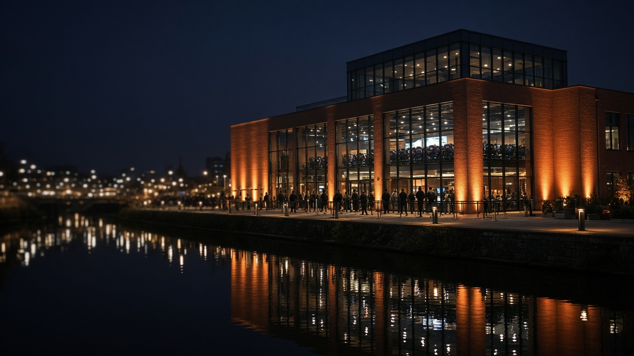 Night exterior of a waterfront hall lit in orange